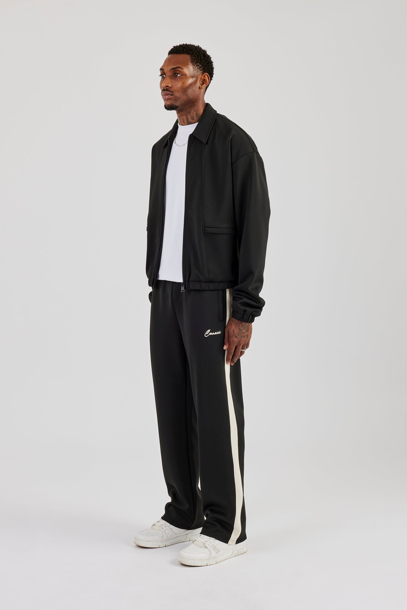 Poly Contrast Track Jacket & Relaxed Trouser- Black